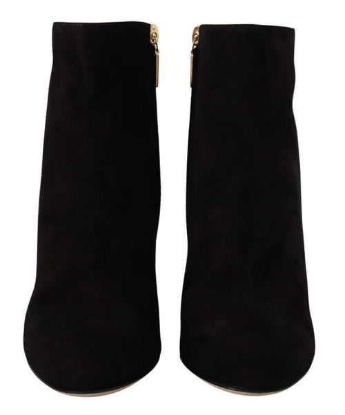 Dolce & Gabbana Black Suede Leather Crystal Heels Boots Women's Shoes