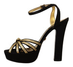Dolce & Gabbana Black Gold Viscose Ankle Strap Heels Sandals Women's Shoes