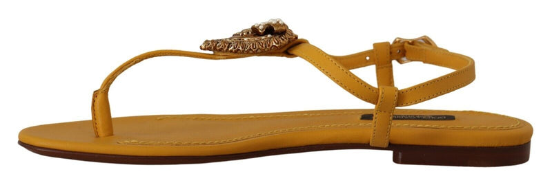 Dolce & Gabbana Mustard T-Strap Flat Sandals with Heart Women's Embellishment
