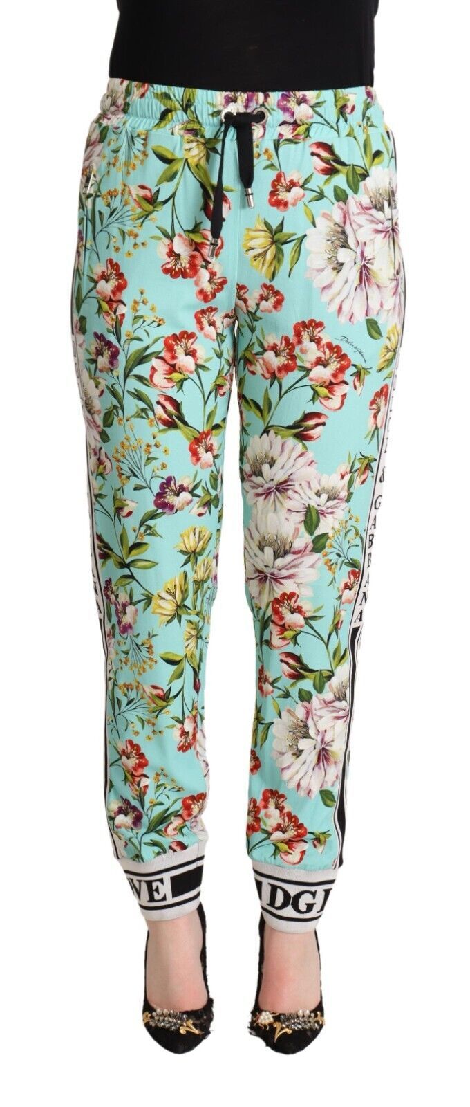 Dolce & Gabbana Green Floral Print Mid Waist Trouser Jogger Women's Pants