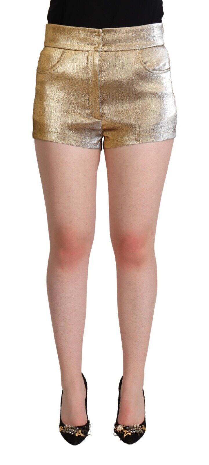 Dolce & Gabbana Metallic Gold Cotton Mid Waist Hot Pants Women's Shorts