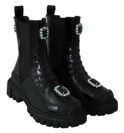 Dolce & Gabbana Elegant Black Leather Combat Boots with Crystal Women's Detail