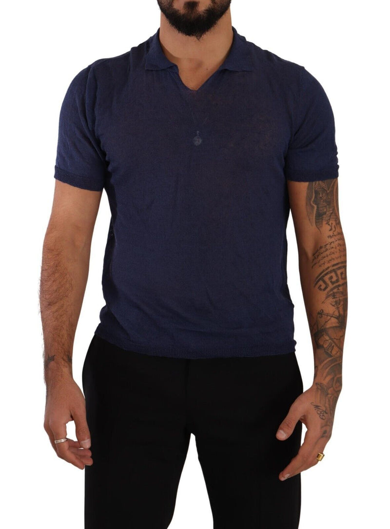 Daniele Alessandrini Navy Linen Blend Collared Men's T-Shirt