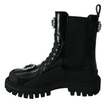 Dolce & Gabbana Elegant Black Leather Combat Boots with Crystal Women's Detail