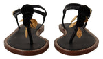 Dolce & Gabbana Black Leather Coins Flip Flops Sandals Women's Shoes
