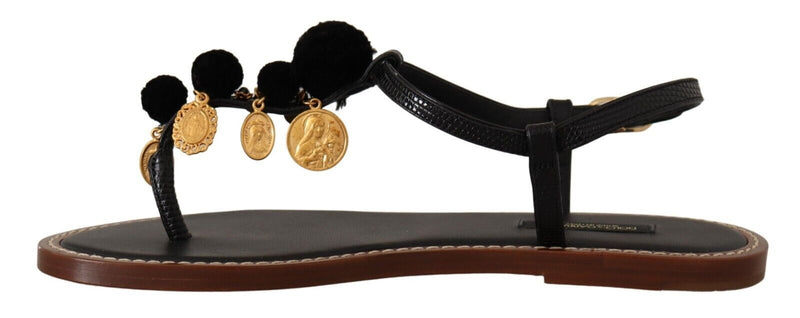 Dolce & Gabbana Chic Leather Ankle Strap Flats with Gold Women's Detailing