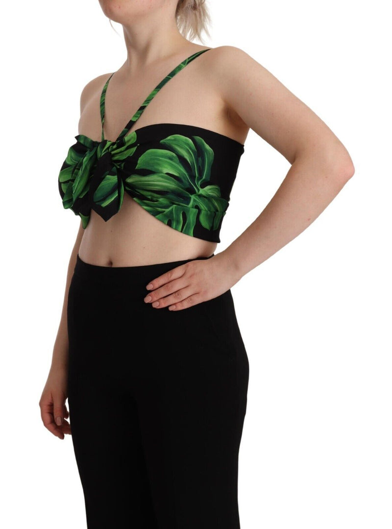 Dolce & Gabbana Black Green Leaf Silk Halter Cropped Women's Top