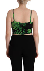 Dolce & Gabbana Black Green Leaf Silk Halter Cropped Women's Top