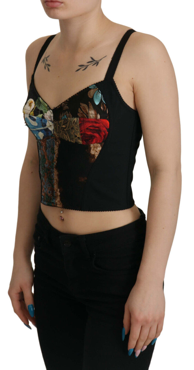 Dolce & Gabbana Black Patchwork Sicily Blouse Corset Cropped Women's Top