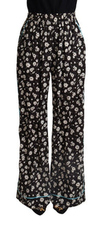 Dolce & Gabbana Black Floral Mid Waist Wide Leg Women's Pants
