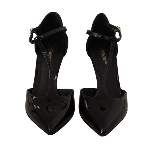 Dolce & Gabbana Black Patent Leather T-Strap Heels Sandals Women's Shoes