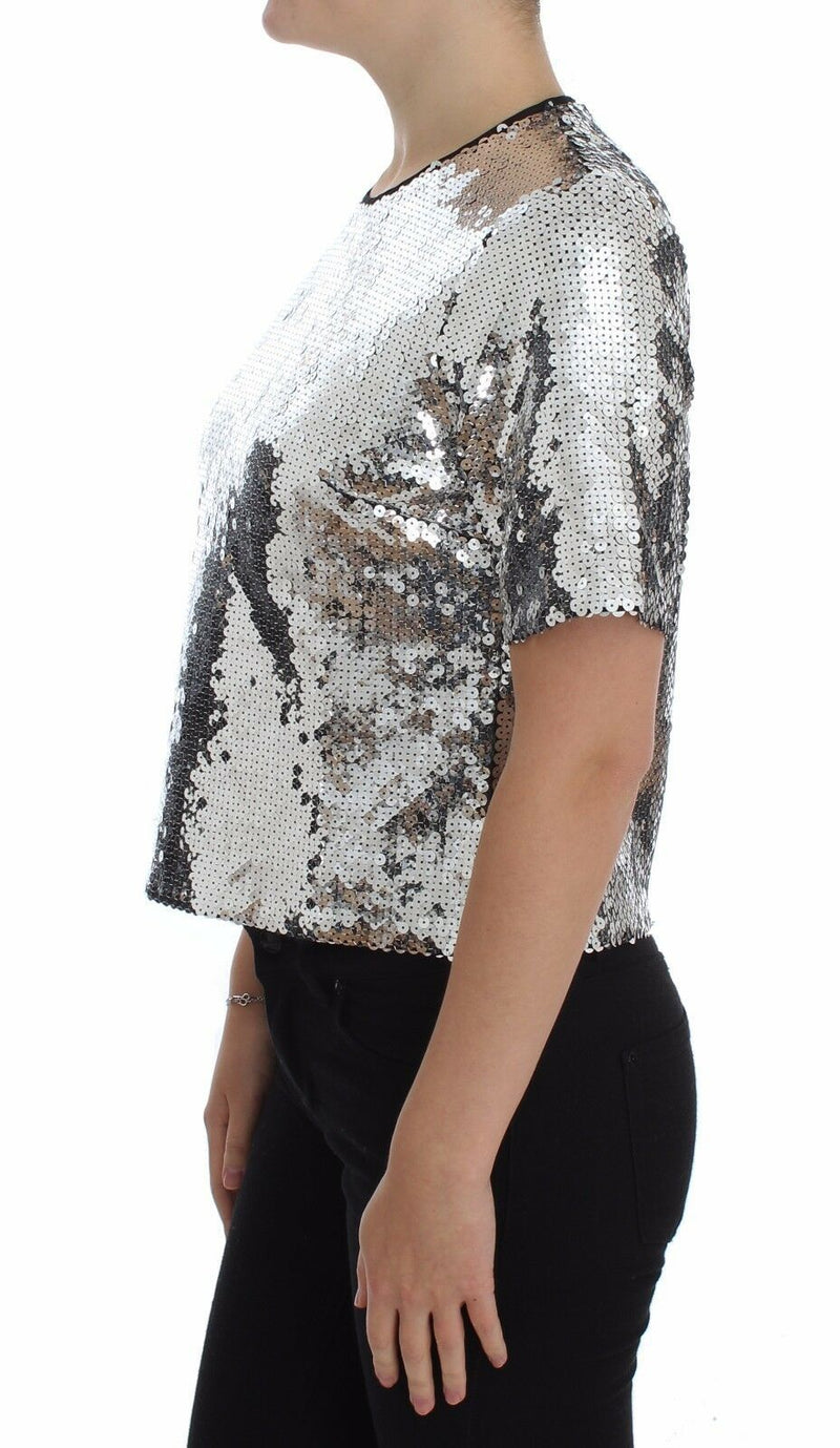 Dolce & Gabbana Silver Sequined Crewneck Blouse T-shirt Women's Top