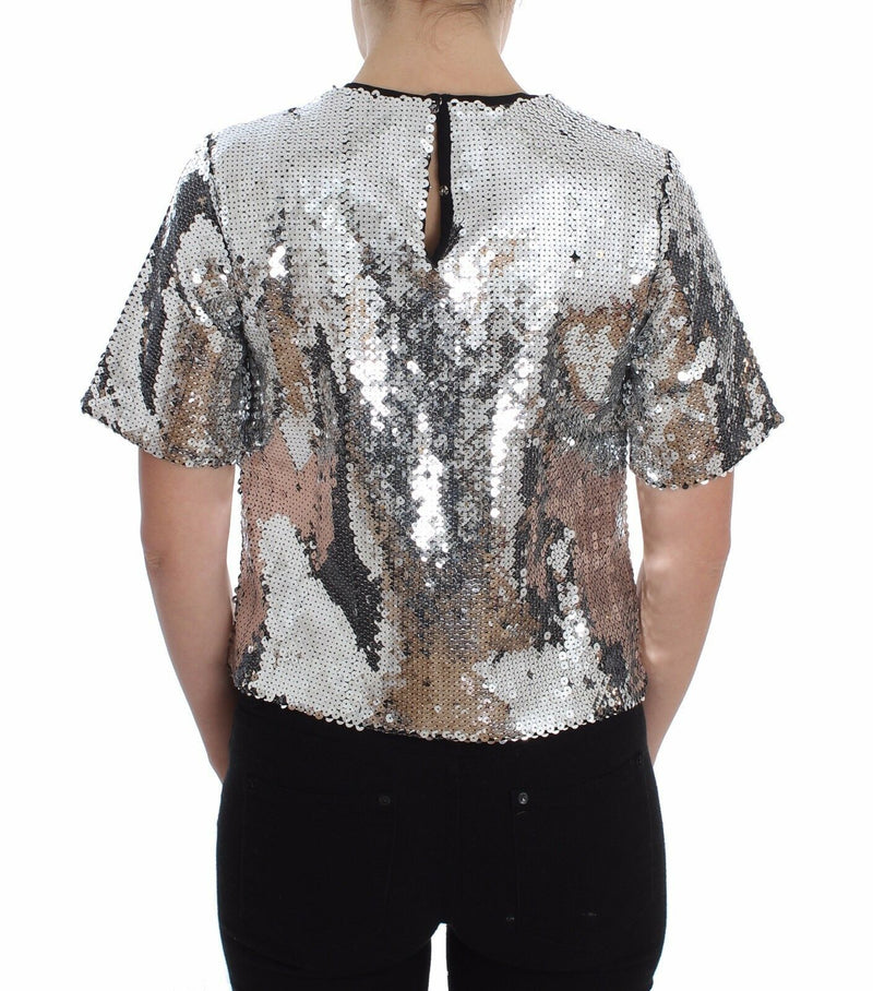 Dolce & Gabbana Silver Sequined Crewneck Blouse T-shirt Women's Top