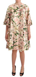Dolce & Gabbana Pink Lily Print Ruffled Long Coat Silk Women's Dress
