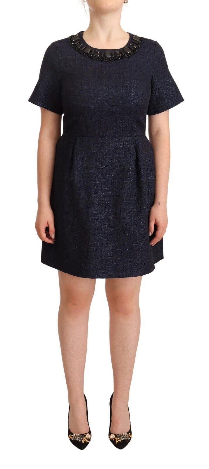 L'Autre Chose Black Embellished Short Sleeves Mini A-line Women's Dress