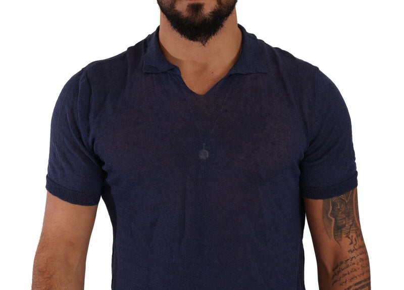Daniele Alessandrini Navy Linen Blend Collared Men's T-Shirt