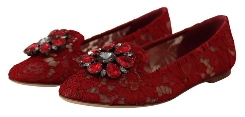 Dolce & Gabbana Red Lace Crystal Ballet Flats Loafers Women's Shoes