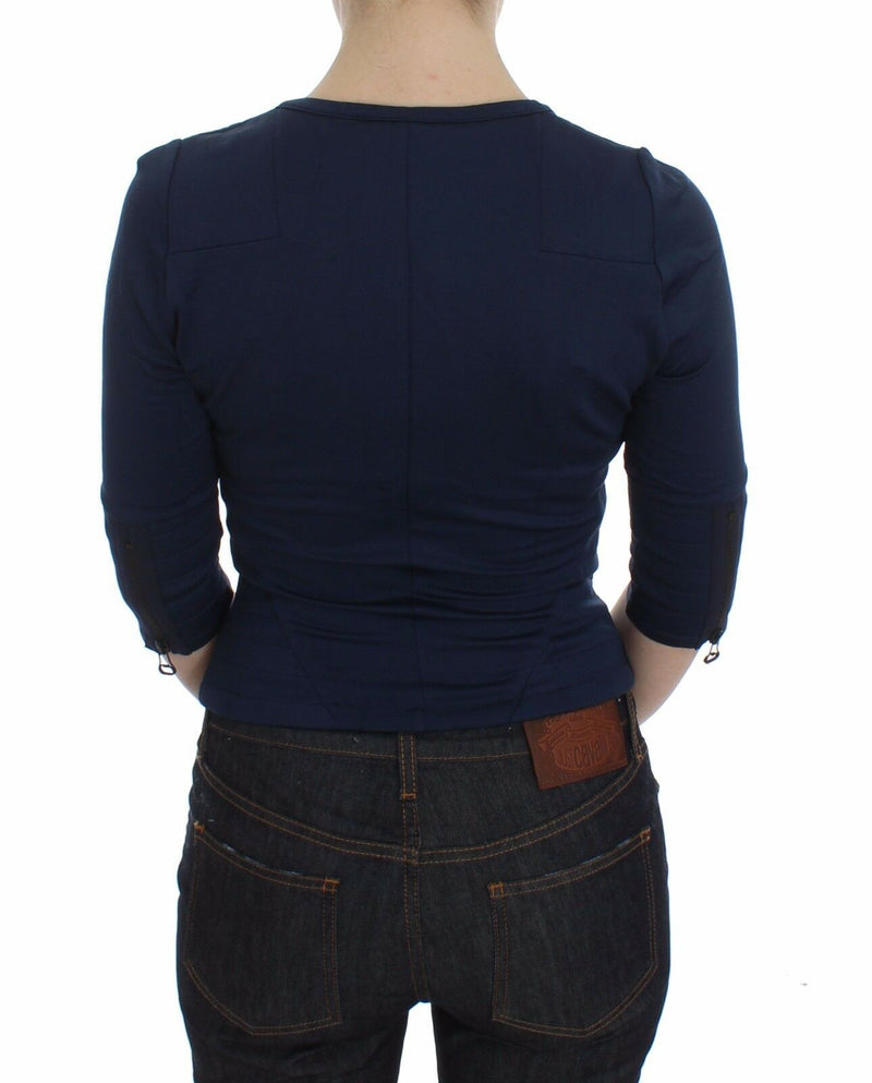 Exte Blue Cotton Top Zipper Deep Crew-neck Women's Sweater