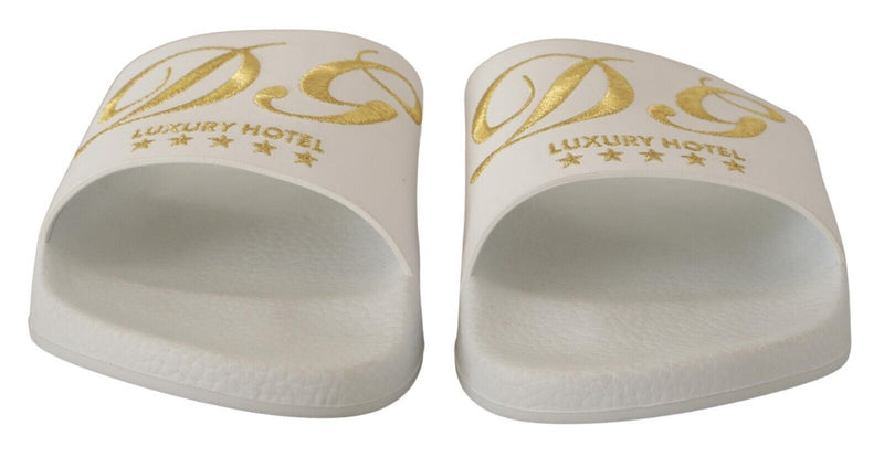 Dolce & Gabbana Chic White Leather Slides with Gold Men's Embroidery