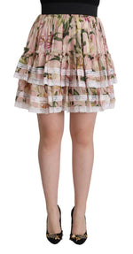 Dolce & Gabbana Pink Lily Print Silk Mini Tiered A-line Women's Skirt