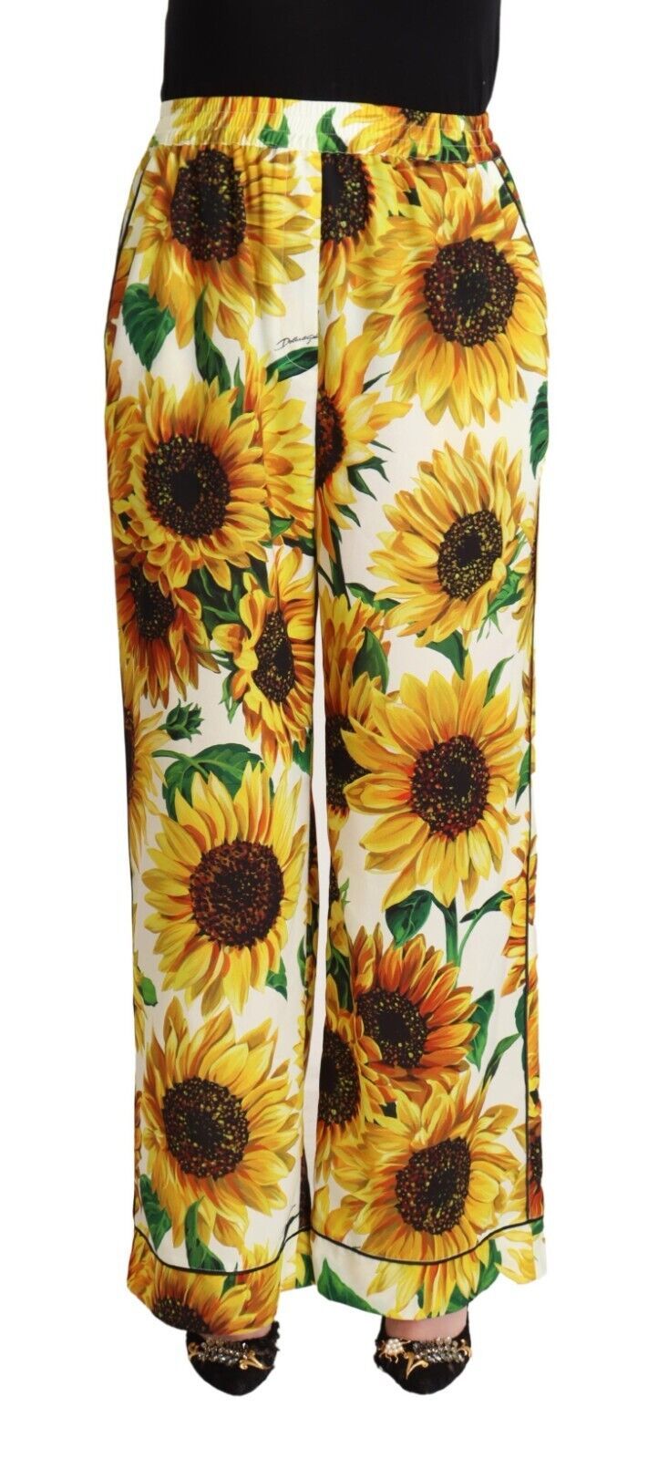 Dolce & Gabbana White Sunflower Print Mid Waist Wide Leg Women's Pants