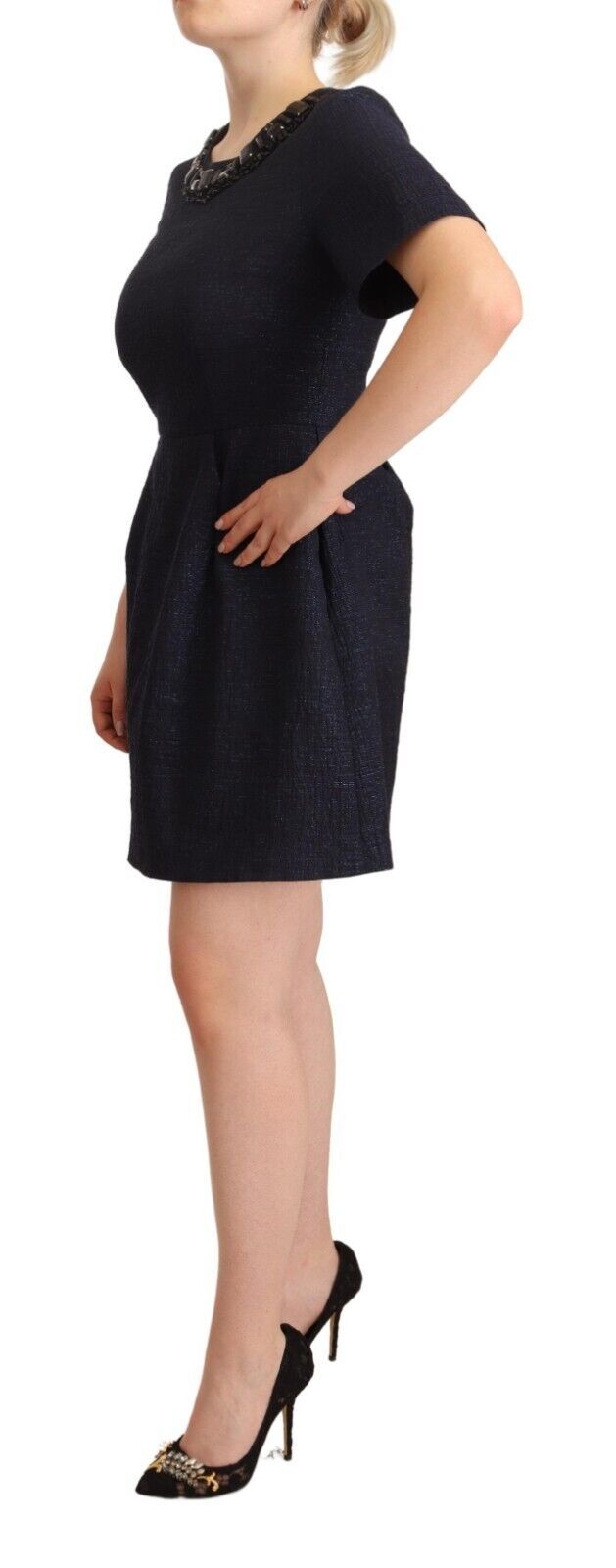 L'Autre Chose Black Embellished Short Sleeves Mini A-line Women's Dress
