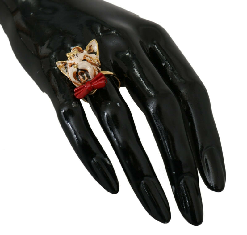 Dolce & Gabbana Gold Brass Resin Beige Dog Pet Branded Accessory Women's Ring