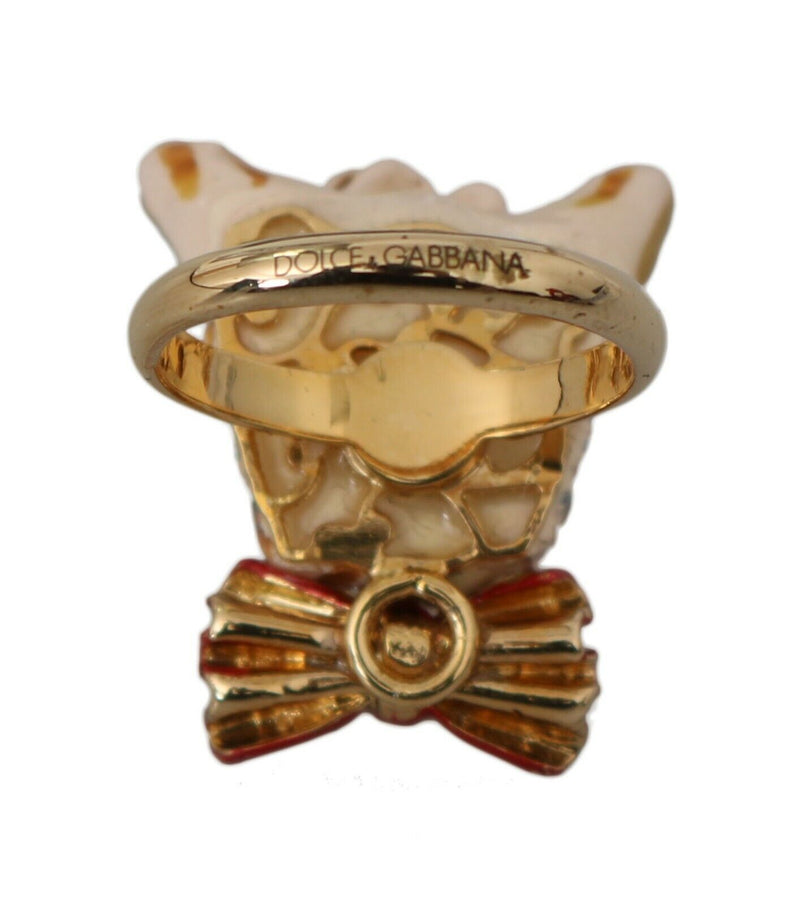 Dolce & Gabbana Gold Brass Resin Beige Dog Pet Branded Accessory Women's Ring
