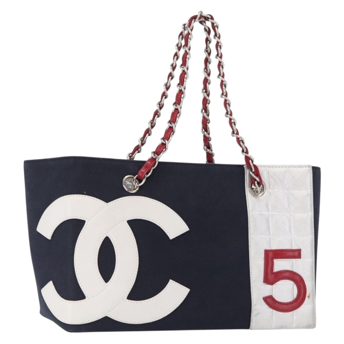 Chanel No.5 Tote Canvas And Leather Navy Canvas Tote Bag Bag (Pre-Owned)