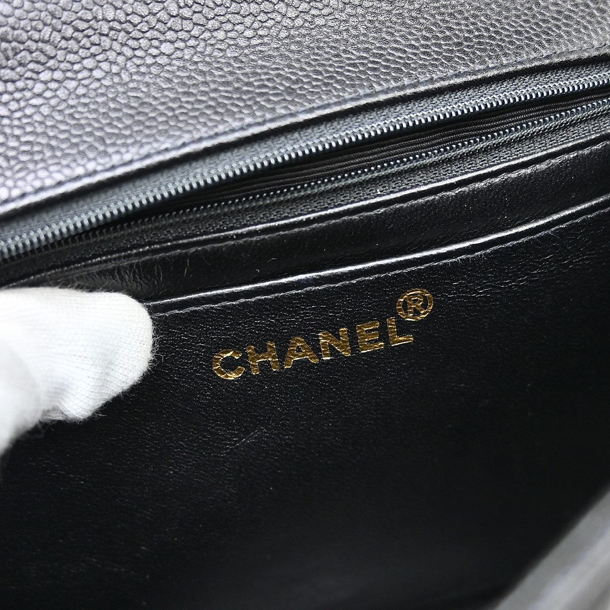 Chanel Vintage Classic Top Handle Flap Bag Quilted Caviar Black Leather Handbag (Pre-Owned)