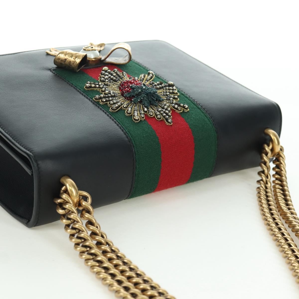 Gucci Web Peony Chain Shoulder Bag Embellished Leather Black Leather Shoulder Bag Bag (Pre-Owned)
