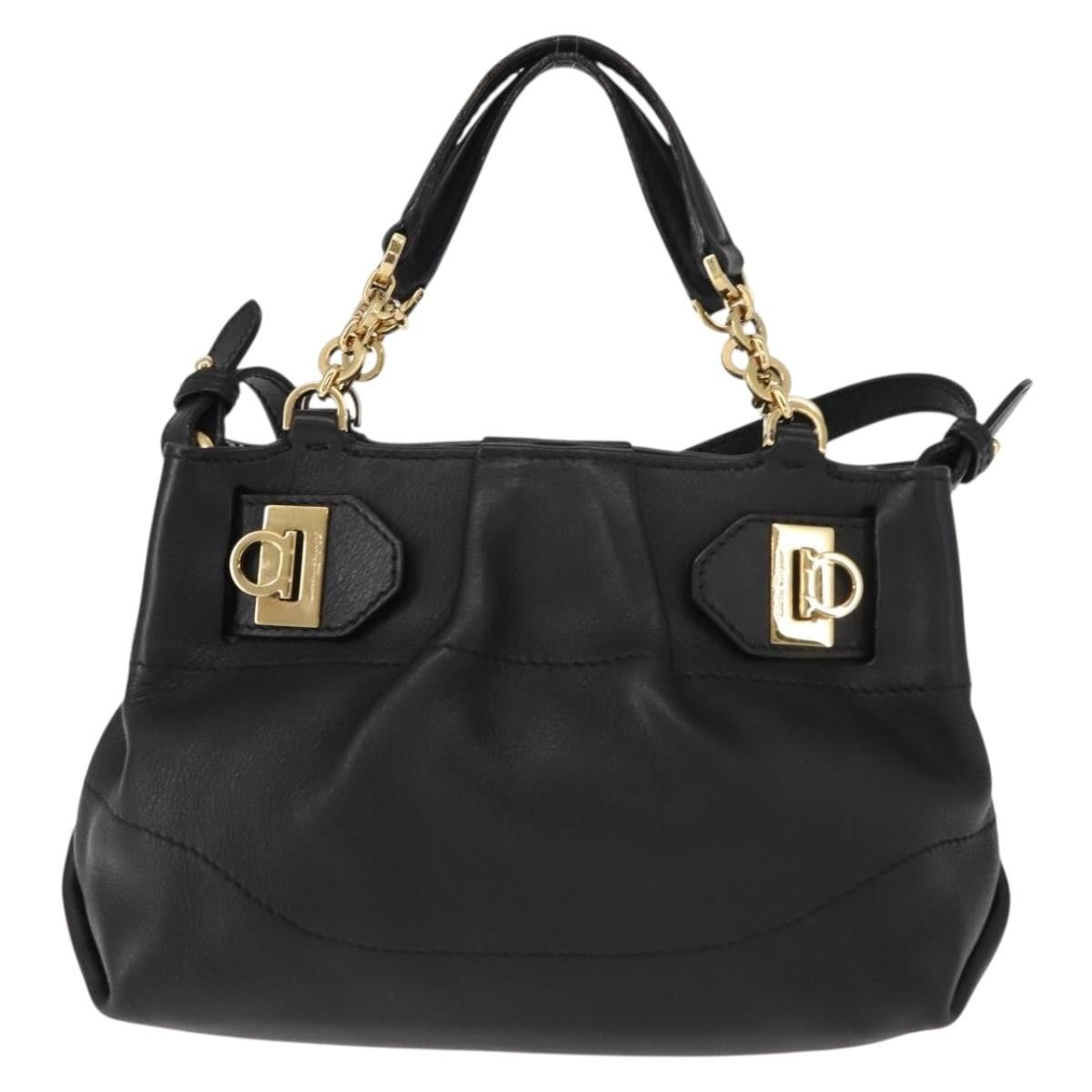 Salvatore Ferragamo W Chain Tote Leather Black Leather Handbag (Pre-Owned)