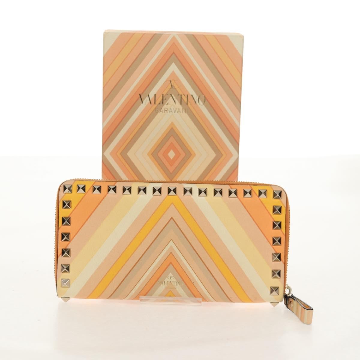 Valentino Garavani Rockstud Zip Around Wallet Striped Leather Orange Leather Wallets Accessory (Pre-Owned)