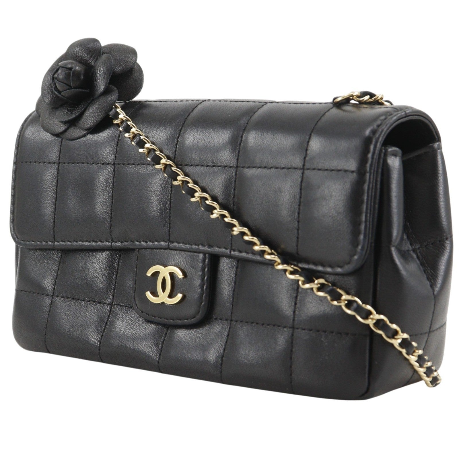 Chanel Camellia Chocolate Bar Flap Bag Quilted Lambskin Black Leather Shoulder Bag Bag (Pre-Owned)
