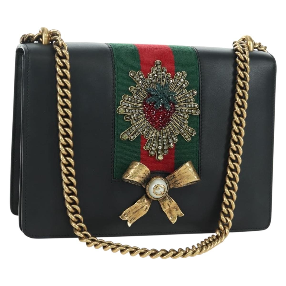 Gucci Web Peony Chain Shoulder Bag Embellished Leather Black Leather Shoulder Bag Bag (Pre-Owned)