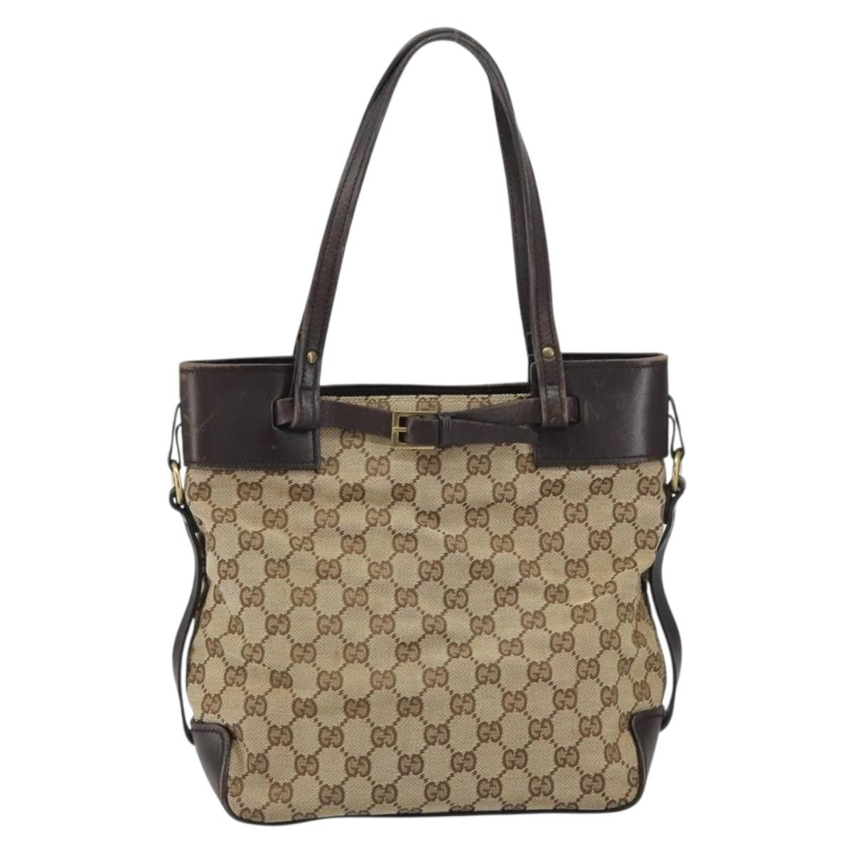 Gucci Belted Bucket Tote Gg Canvas With Leather Beige Canvas Tote Bag Bag (Pre-Owned)