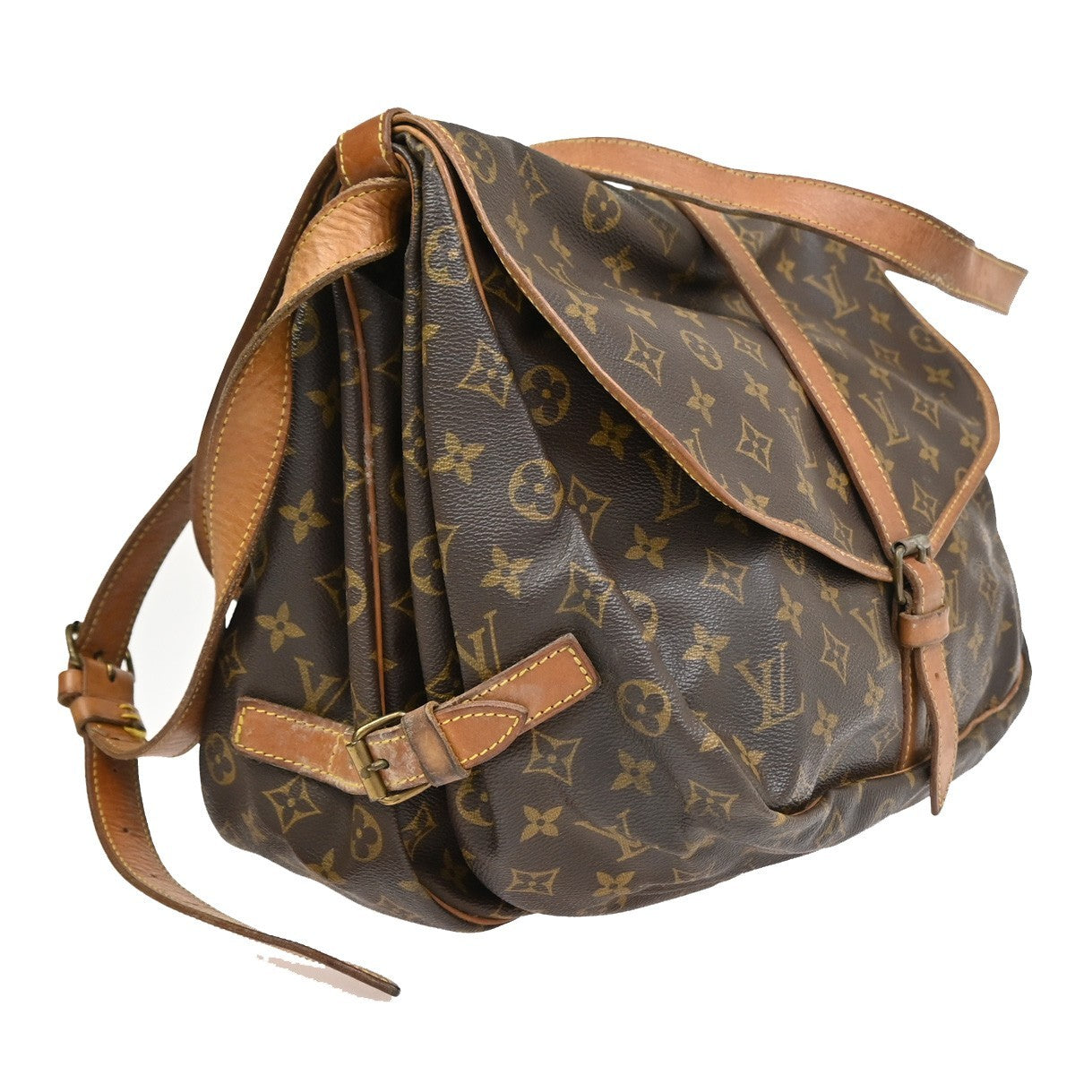 Louis Vuitton Saumur Handbag Monogram Canvas Brown Leather Shoulder Bag Bag (Pre-Owned)