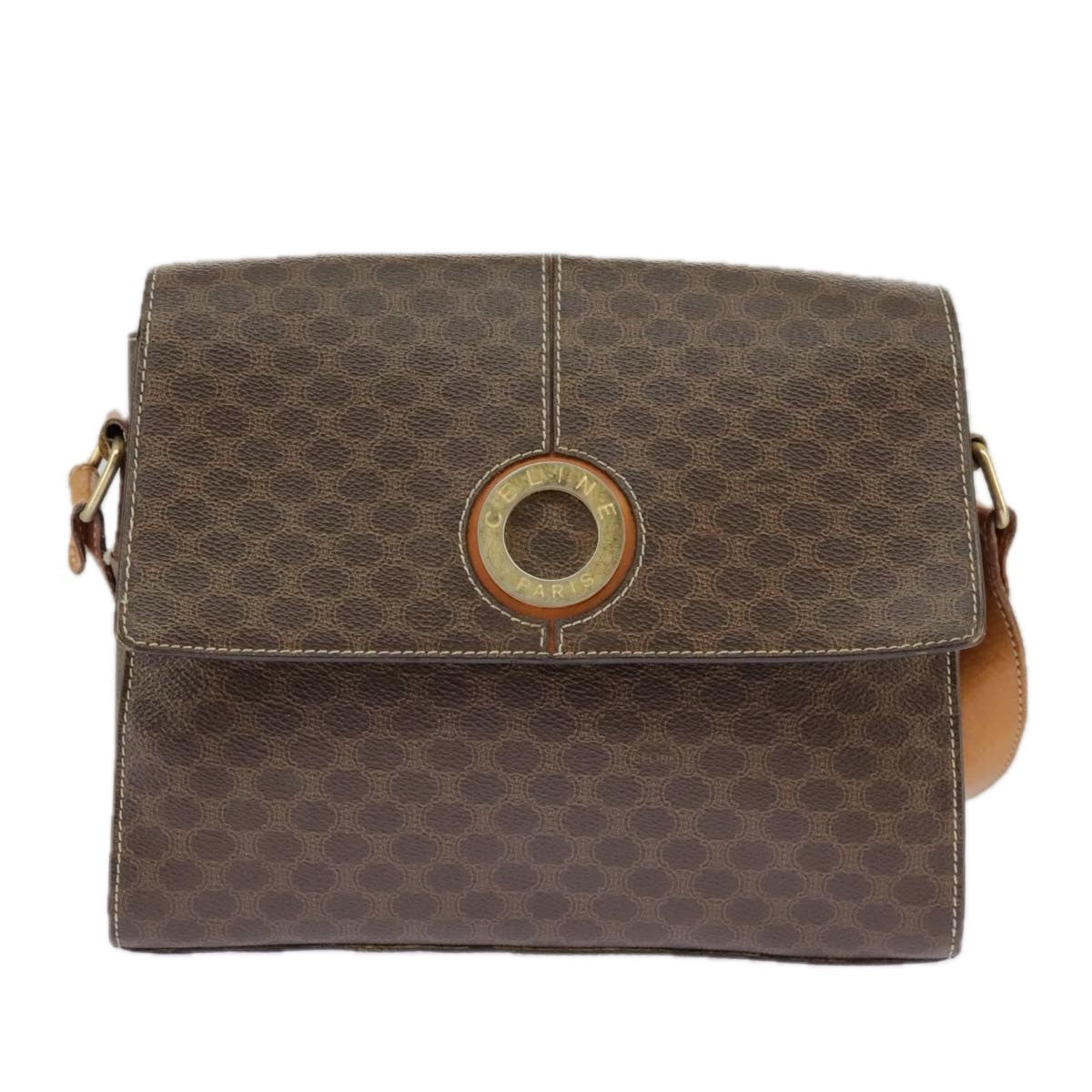 Celine Vintage Macadam Circle Logo Shoulder Bag Canvas And Leather Brown Canvas Shoulder Bag Bag (Pre-Owned)