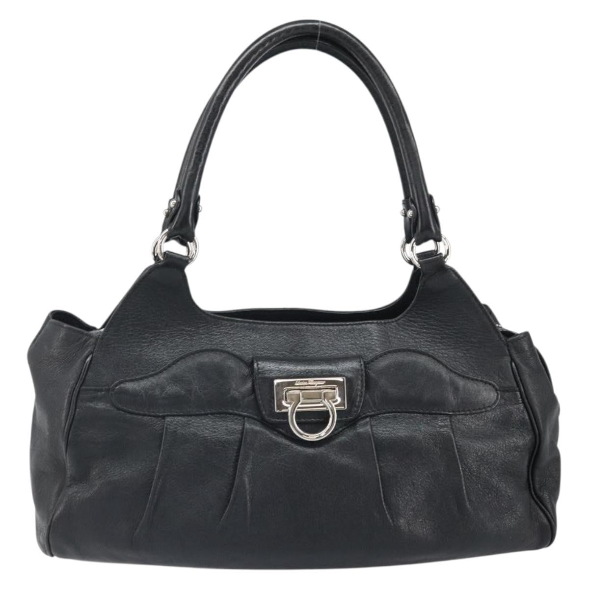 Salvatore Ferragamo Gancini Handbag Leather Black Leather Handbag (Pre-Owned)