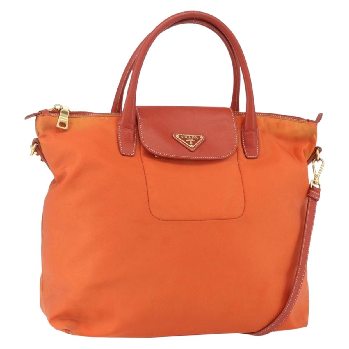 Prada Convertible Flap Tote Tessuto And Saffiano Leather Orange Nylon Tote Bag Bag (Pre-Owned)