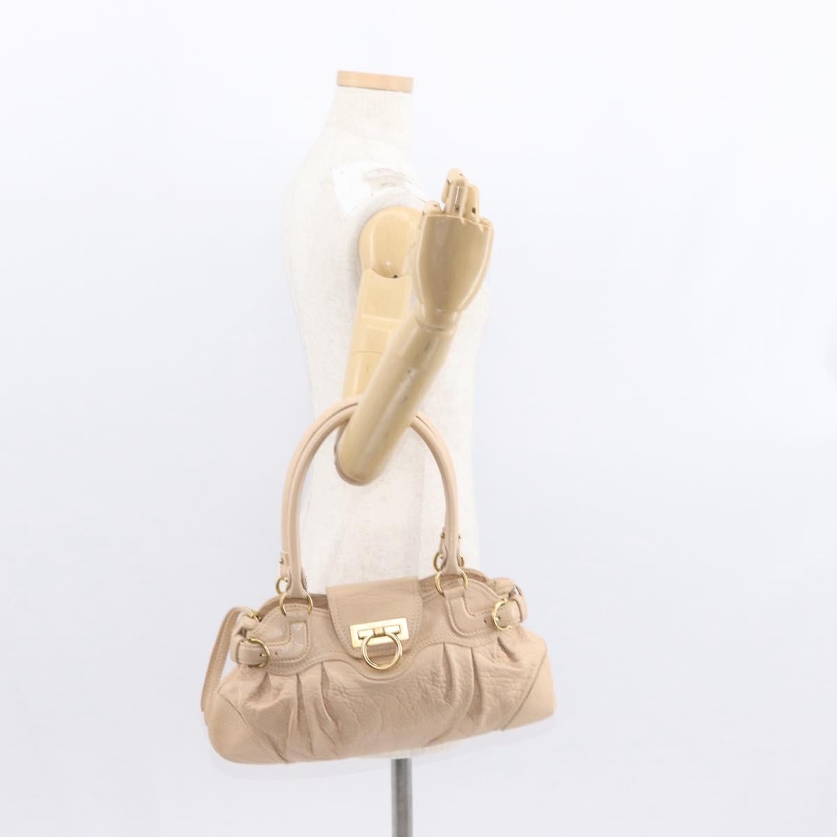 Salvatore Ferragamo Gancini Handbag Leather Beige Leather Handbag (Pre-Owned)