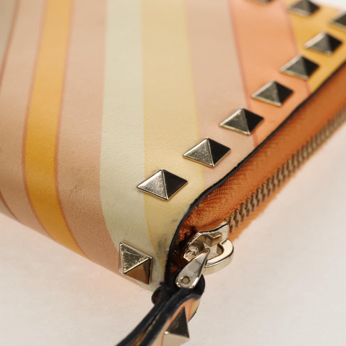 Valentino Garavani Rockstud Zip Around Wallet Striped Leather Orange Leather Wallets Accessory (Pre-Owned)
