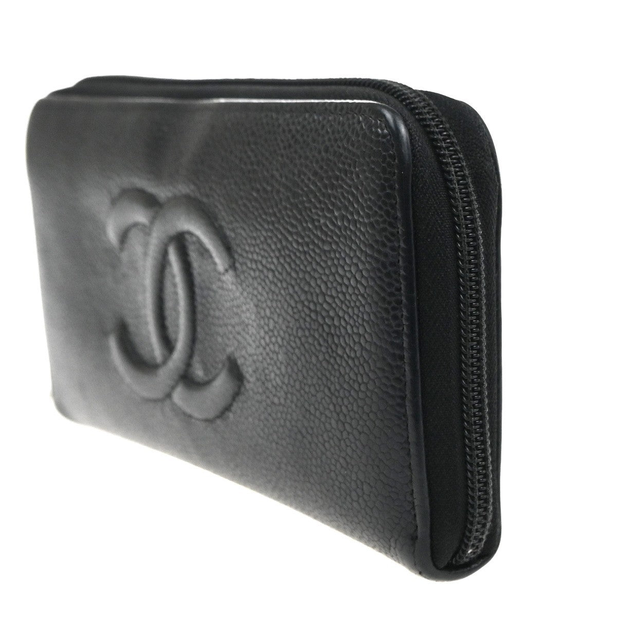 Chanel Cc Zip Around Wallet Leather Black Leather Wallets Accessory (Pre-Owned)
