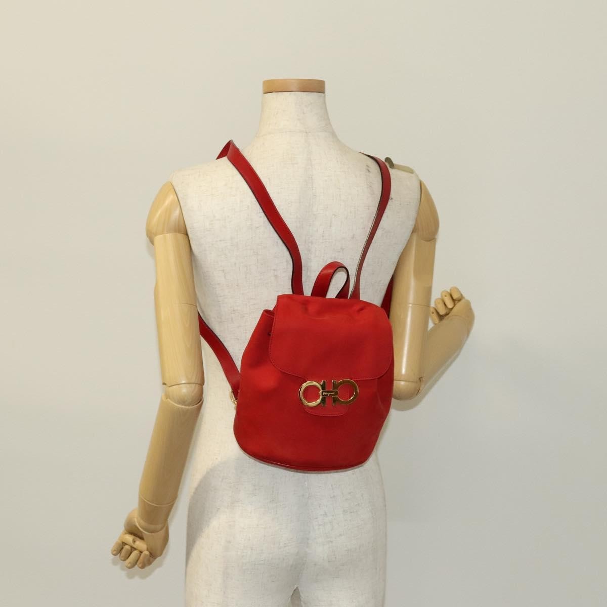 Salvatore Ferragamo Gancini Flap Drawstring Backpack Suede Red Suede Backpack Bag (Pre-Owned)