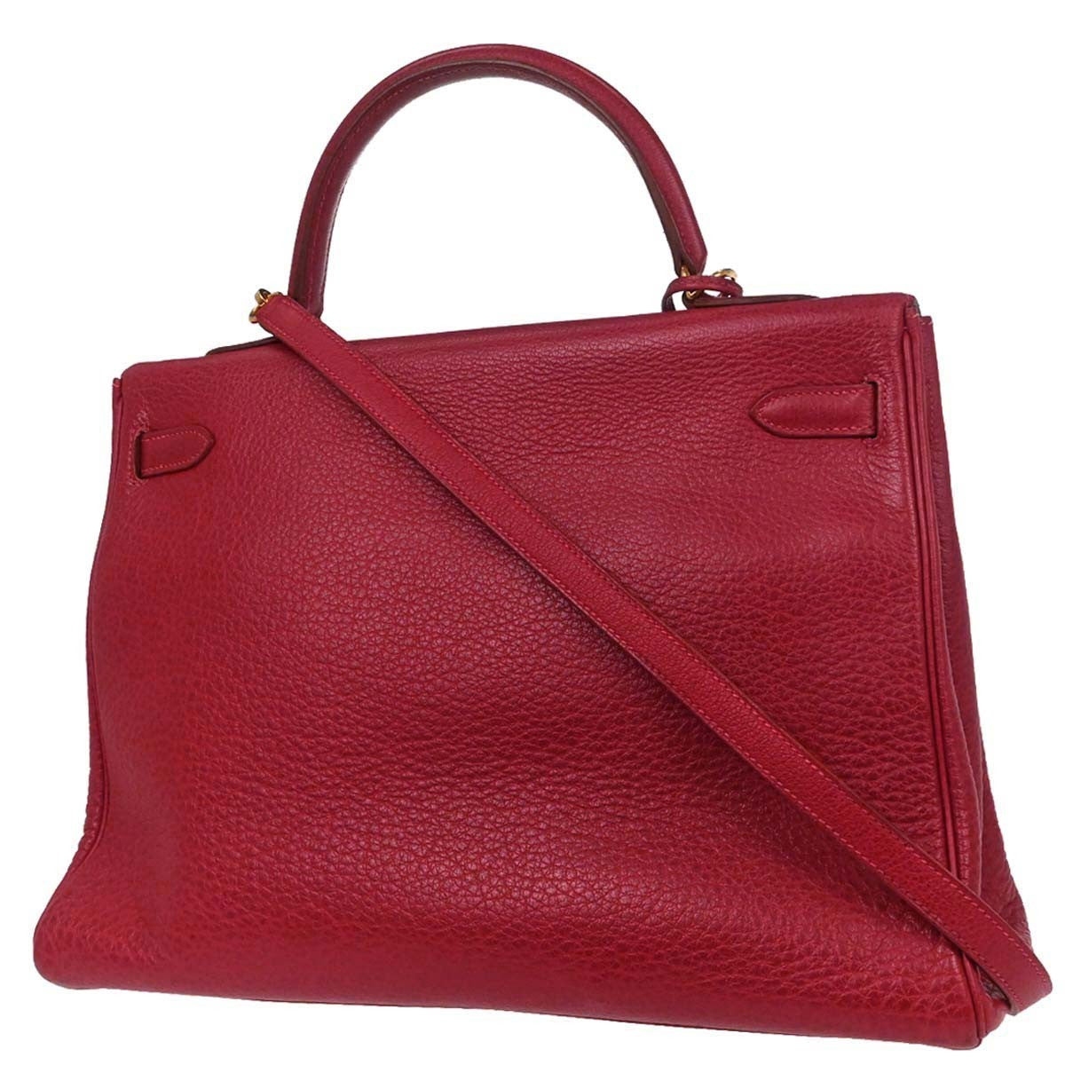 Hermes Kelly Handbag Red Clemence With Gold Hardware Red Leather Handbag (Pre-Owned)