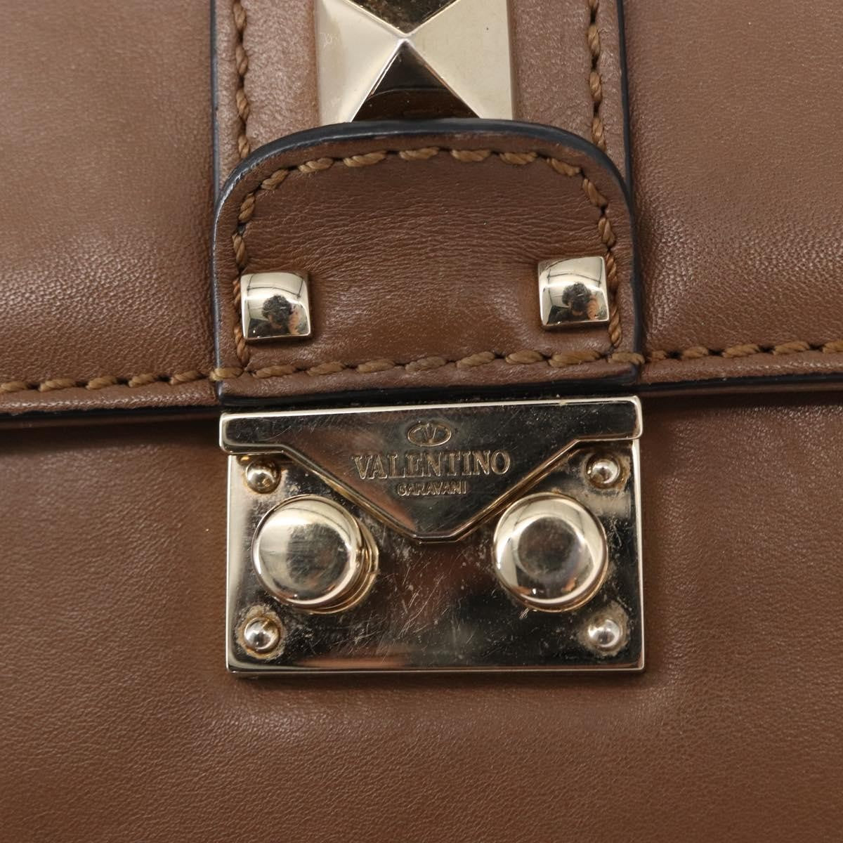 Valentino Garavani Rolling Rockstud Glam Lock Shoulder Bag Leather Brown Leather Shoulder Bag Bag (Pre-Owned)