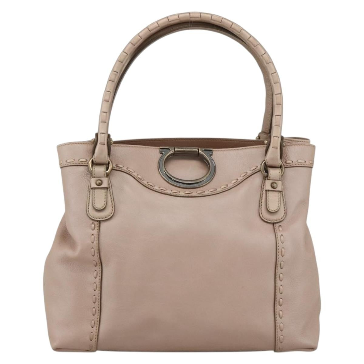 Salvatore Ferragamo Gancini Handbag Leather Beige Leather Handbag (Pre-Owned)