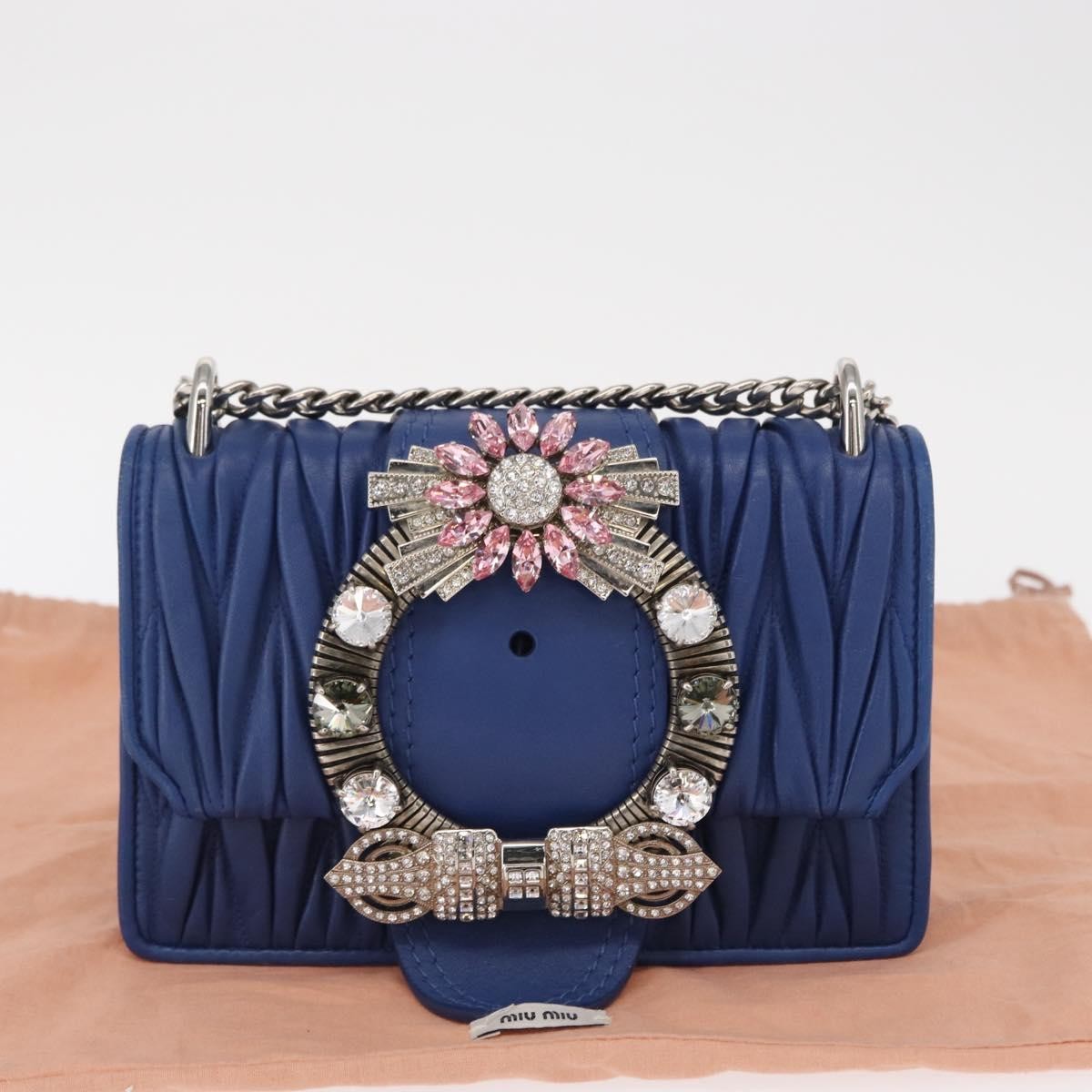 Miu Miu Madras Crystal Buckle Shoulder Bag Leather Blue Leather Shoulder Bag Bag (Pre-Owned)