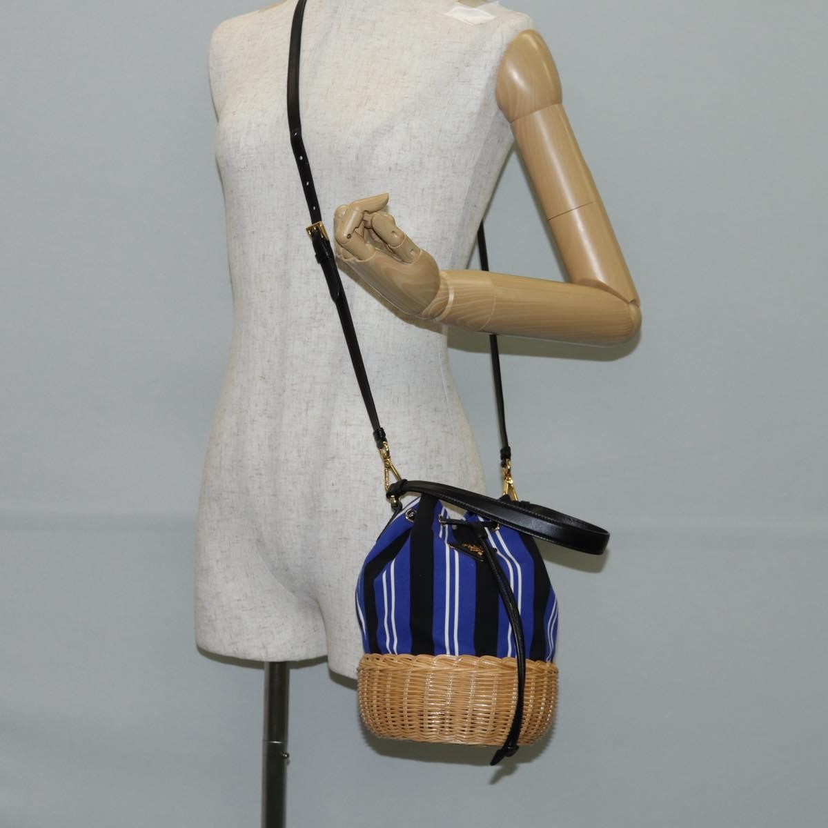 Prada Drawstring Bucket Bag Canvas And Wicker Blue Canvas Handbag (Pre-Owned)