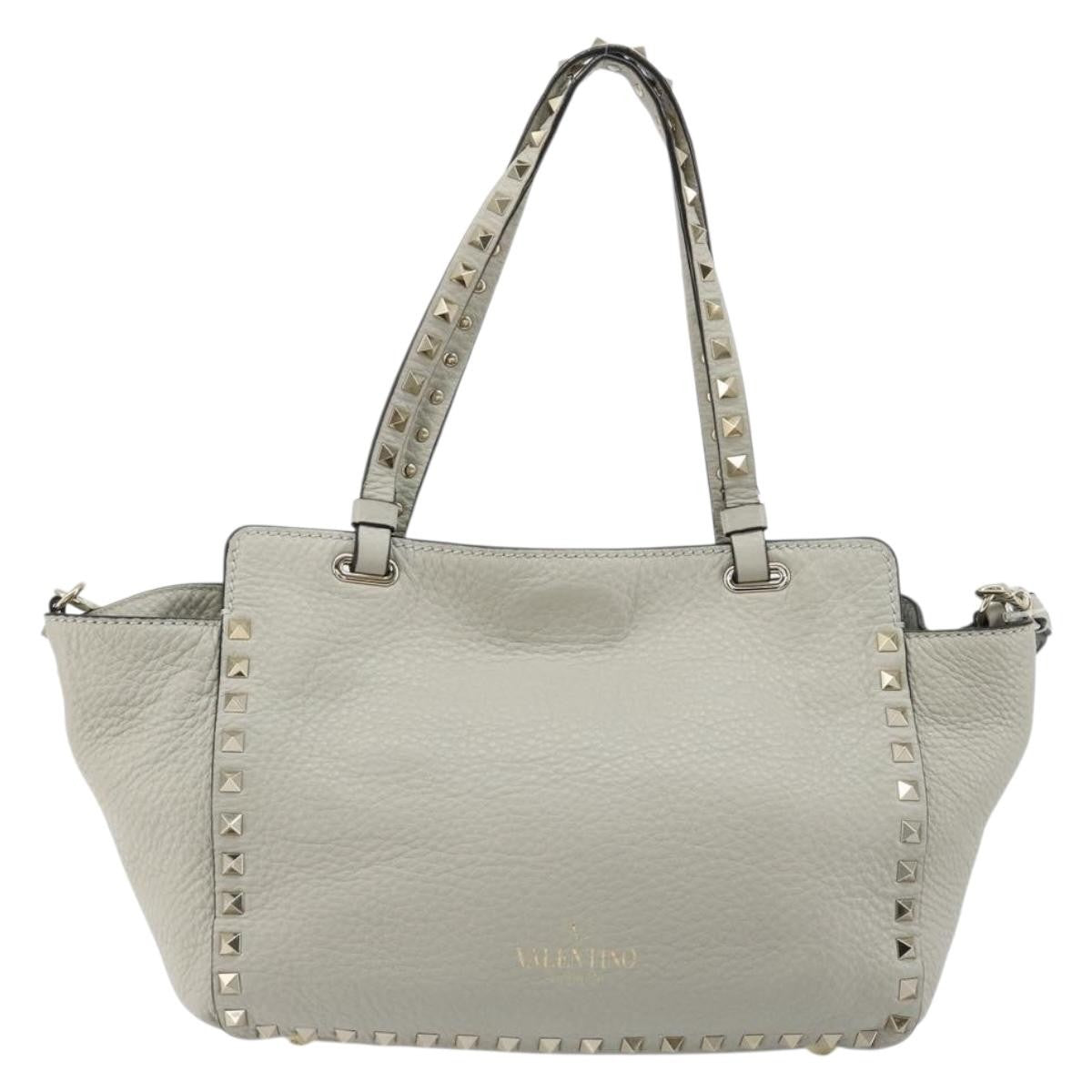 Valentino Garavani Rockstud Tote Textured Leather Gray Leather Tote Bag Bag (Pre-Owned)